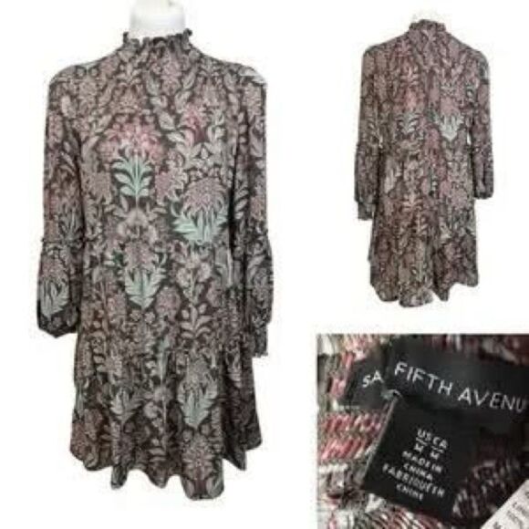 Saks Fifth Avenue Brown and Gray A-Line Dress with Bishop Sleeves - Picture 1 of 1